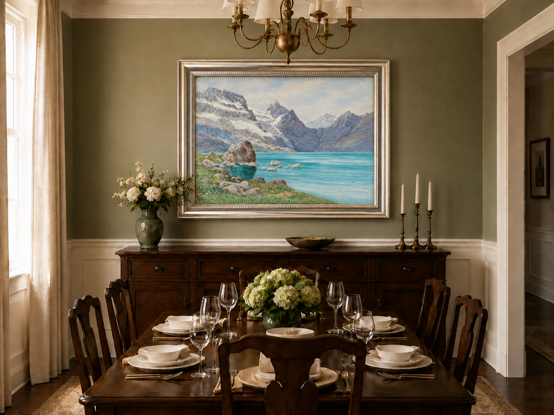Hand-painted Snowy Mountain Lake in Alpine View landscape oil painting displayed as wall art in a styled interior