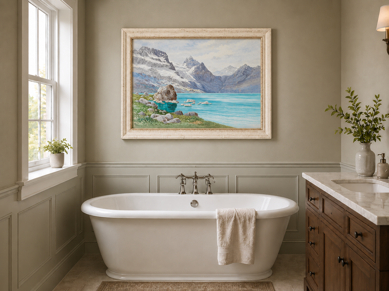 Hand-painted Snowy Mountain Lake in Alpine View landscape oil painting displayed as wall art in a styled interior