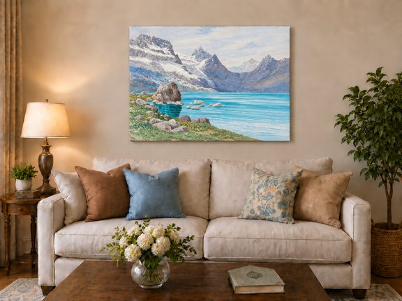 Hand-painted Snowy Mountain Lake in Alpine View landscape oil painting displayed as wall art in a styled interior