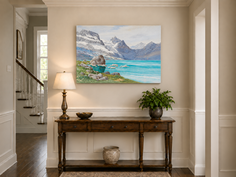 Hand-painted Snowy Mountain Lake in Alpine View landscape oil painting displayed as wall art in a styled interior