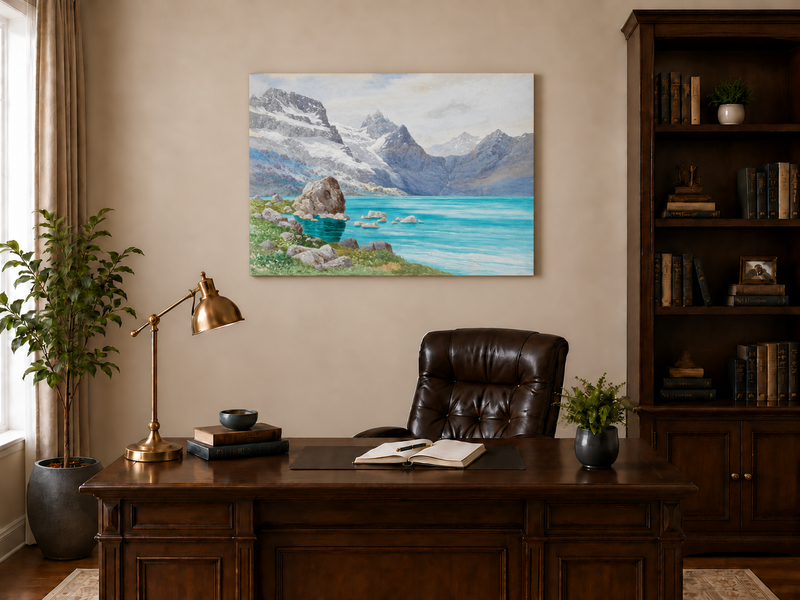 Hand-painted Snowy Mountain Lake in Alpine View landscape oil painting displayed as wall art in a styled interior