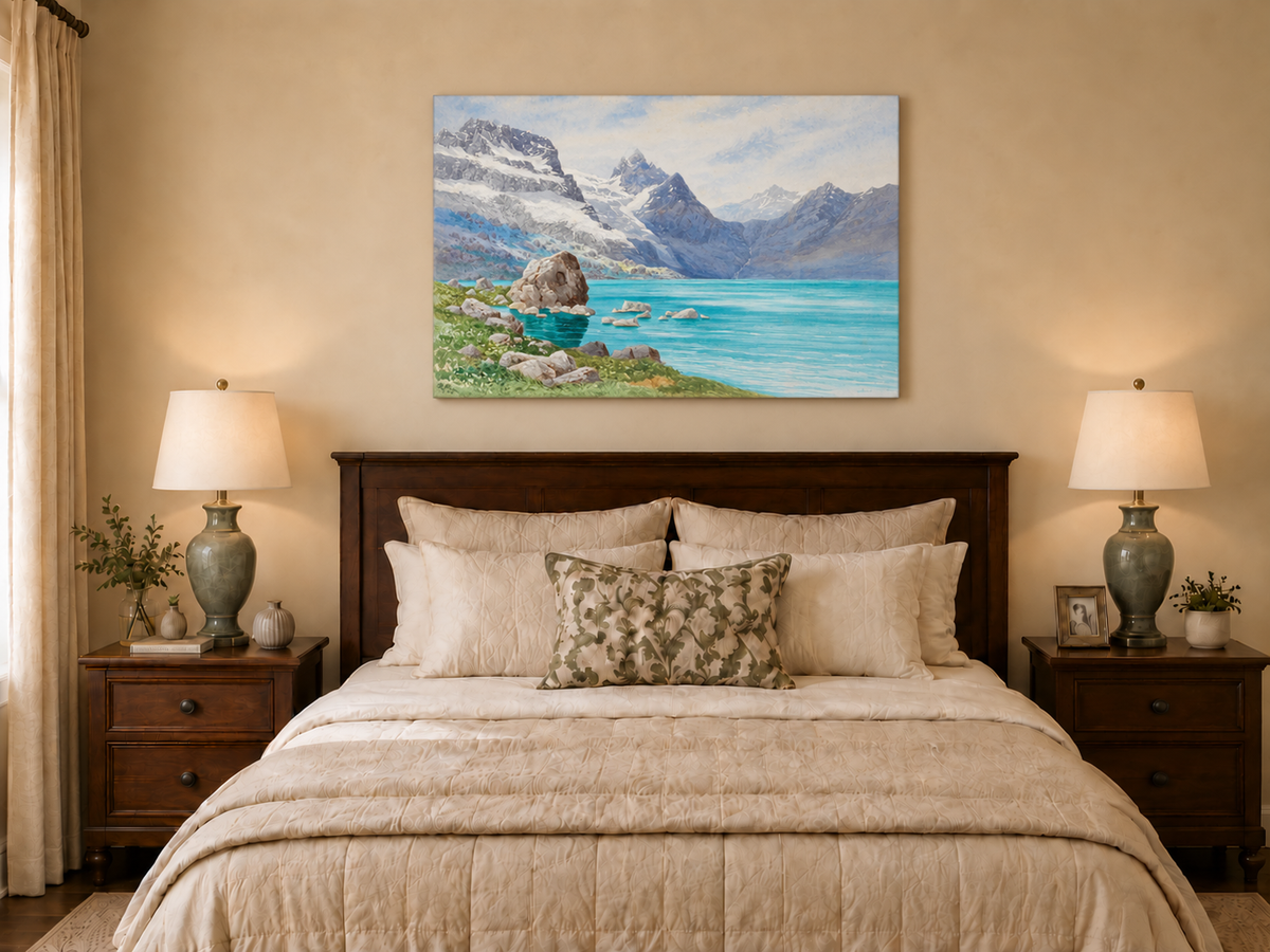 Hand-painted Snowy Mountain Lake in Alpine View landscape oil painting displayed as wall art in a styled interior