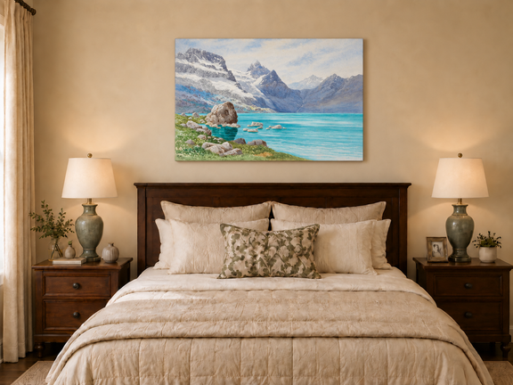 Hand-painted Snowy Mountain Lake in Alpine View landscape oil painting displayed as wall art in a styled interior