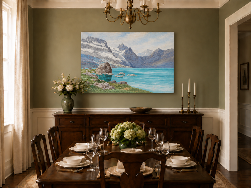 Hand-painted Snowy Mountain Lake in Alpine View landscape oil painting displayed as wall art in a styled interior