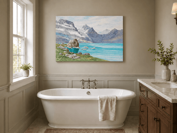 Hand-painted Snowy Mountain Lake in Alpine View landscape oil painting displayed as wall art in a styled interior