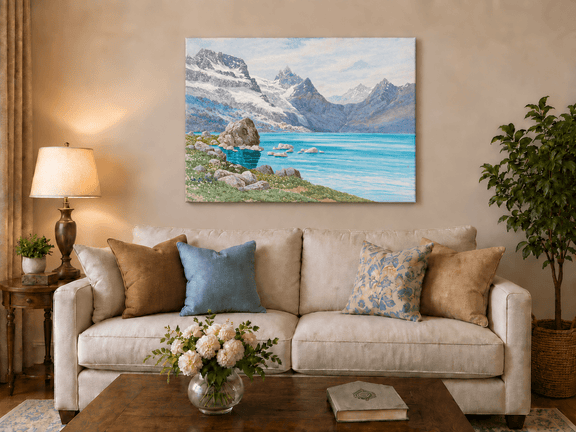 Hand-painted Snowy Mountain Lake in Alpine View landscape oil painting displayed as wall art in a styled interior