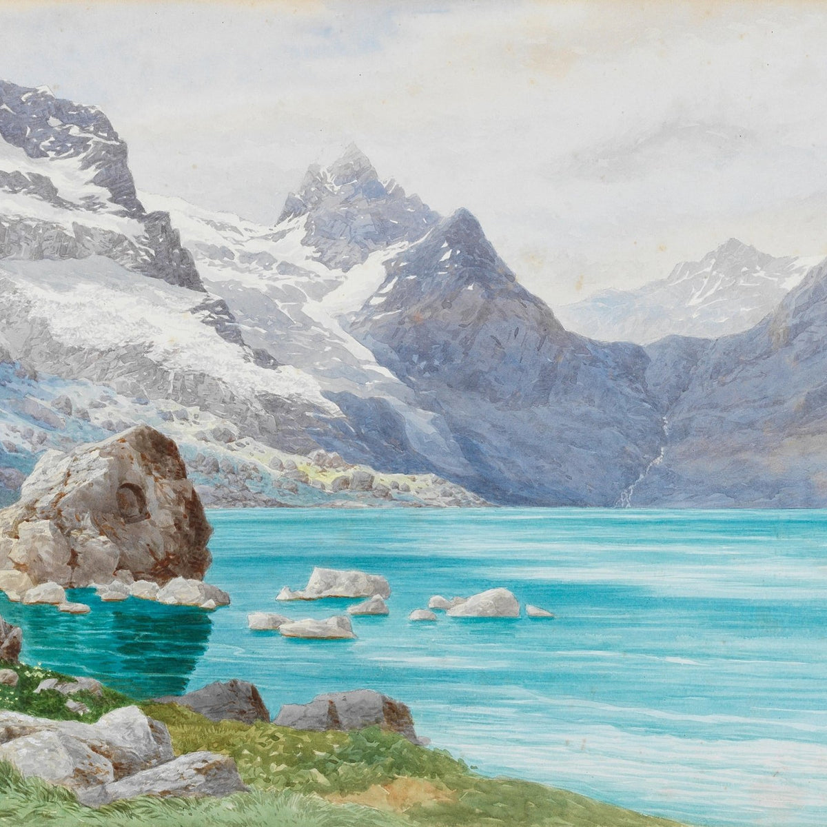 Hand-painted snowy mountain lake in alpine view landscape oil painting on canvas