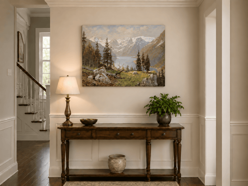 Peinture à l'huile de paysage - Lac de montagne enneigé