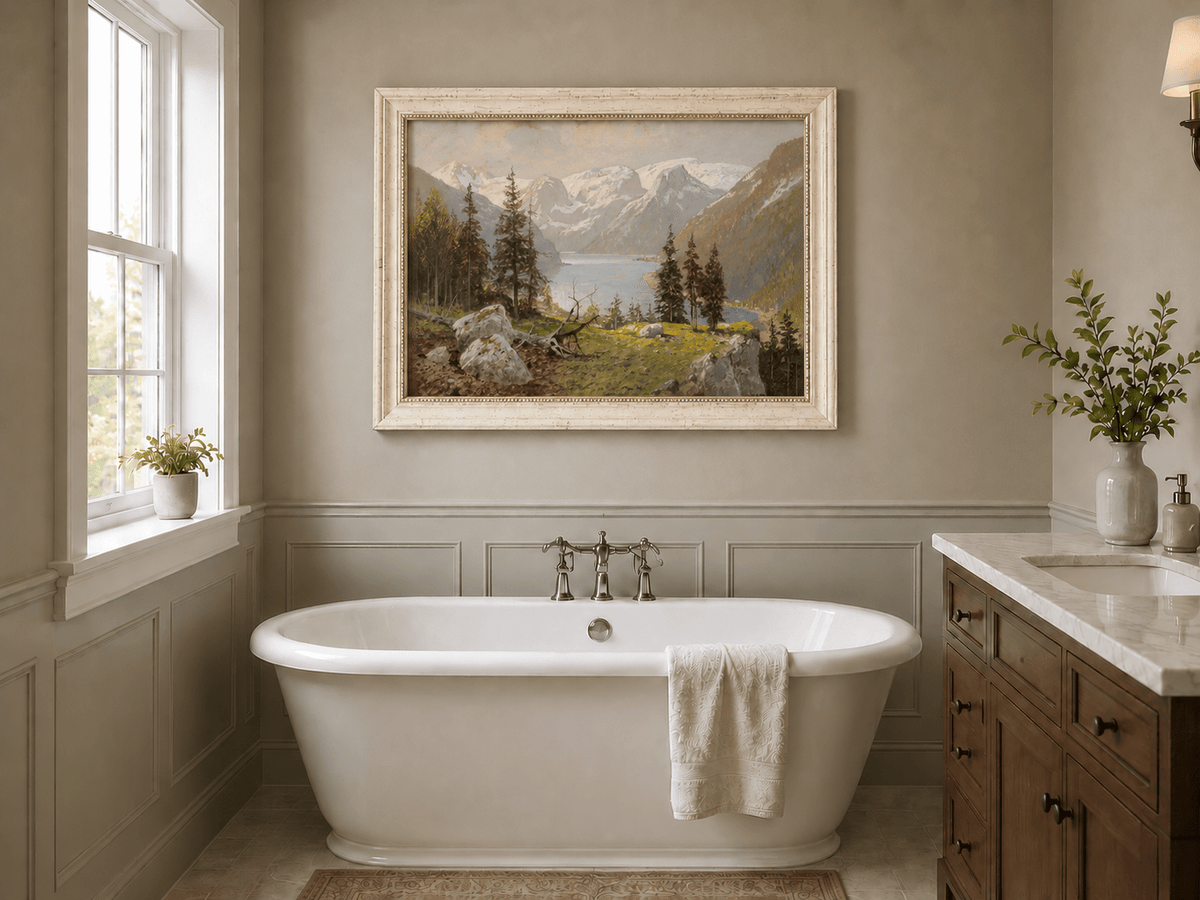 Peinture à l'huile de paysage - Lac de montagne enneigé