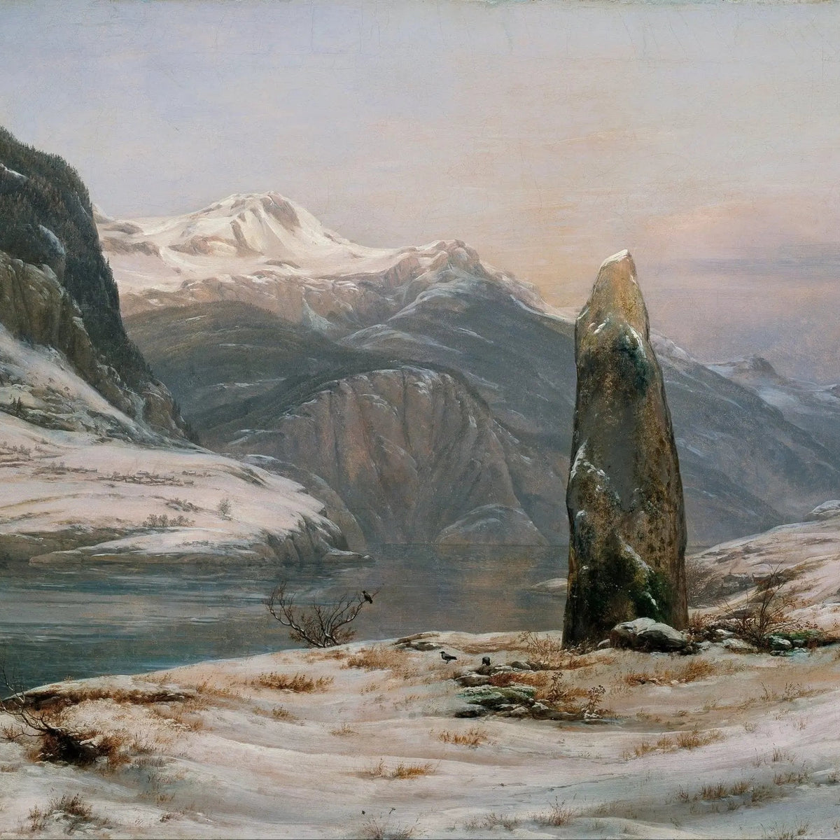 Landscape Oil Painting - Snowy Mountain Lake with Standing Stone - Oil Painting Haven