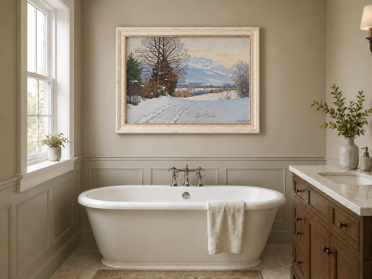 Landscape Oil Painting - Snowy Mountain Path Bare Trees at Dusk