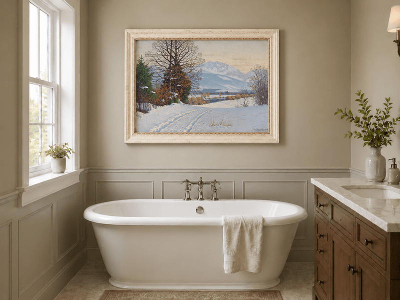 Landscape Oil Painting - Snowy Mountain Path Bare Trees at Dusk