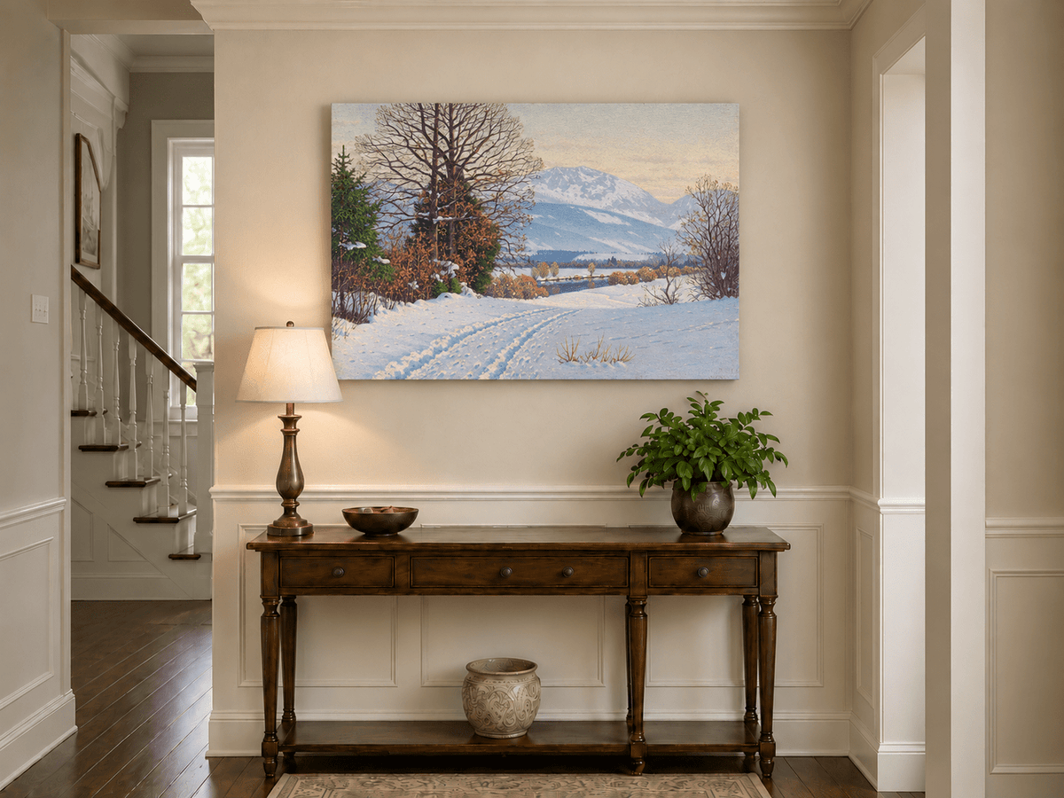 Landscape Oil Painting - Snowy Mountain Path Bare Trees at Dusk
