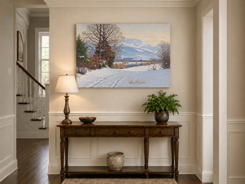 Landscape Oil Painting - Snowy Mountain Path Bare Trees at Dusk