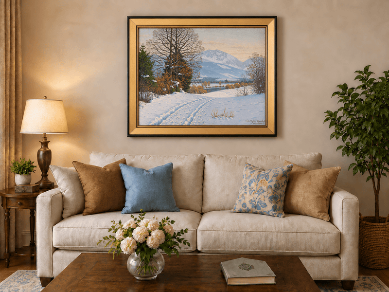 Landscape Oil Painting - Snowy Mountain Path Bare Trees at Dusk