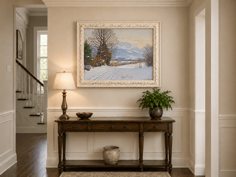 Landscape Oil Painting - Snowy Mountain Path Bare Trees at Dusk