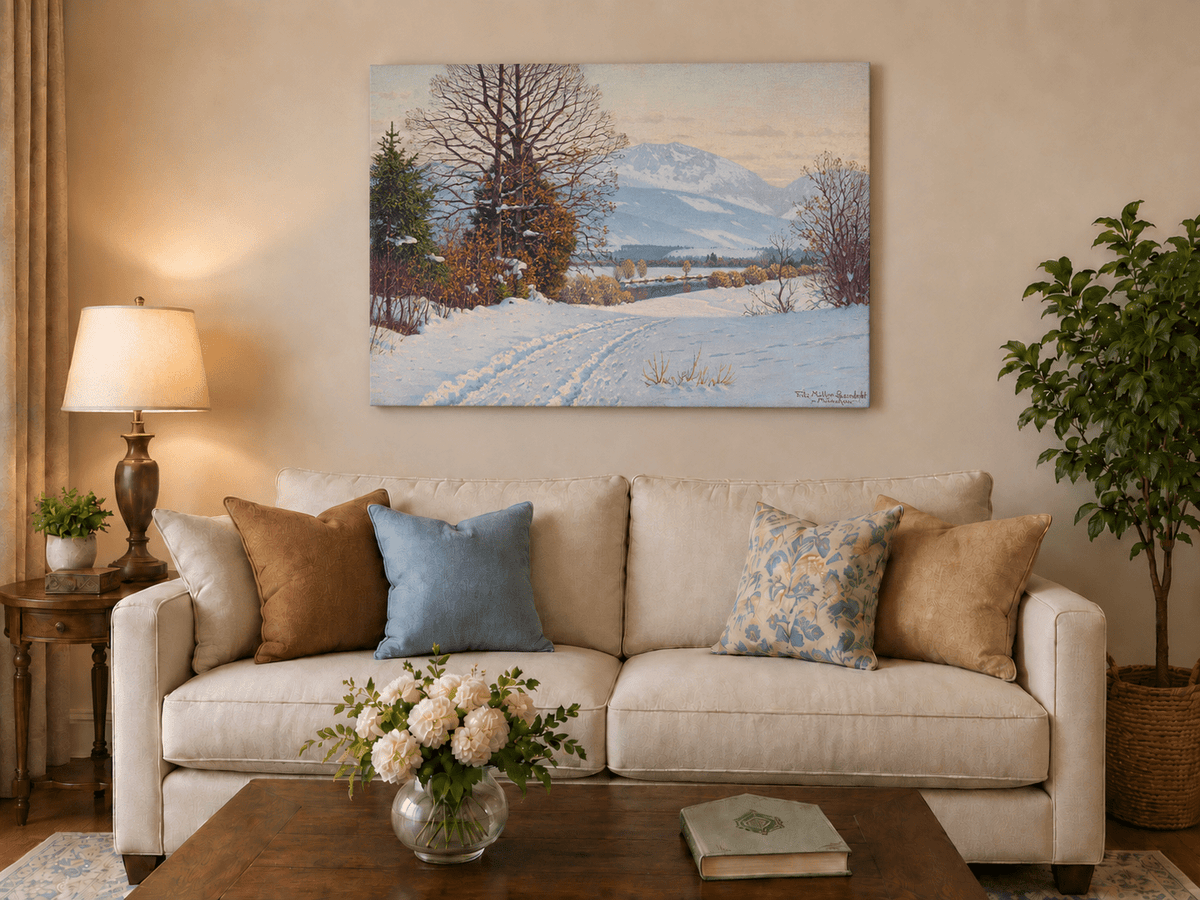 Landscape Oil Painting - Snowy Mountain Path Bare Trees at Dusk