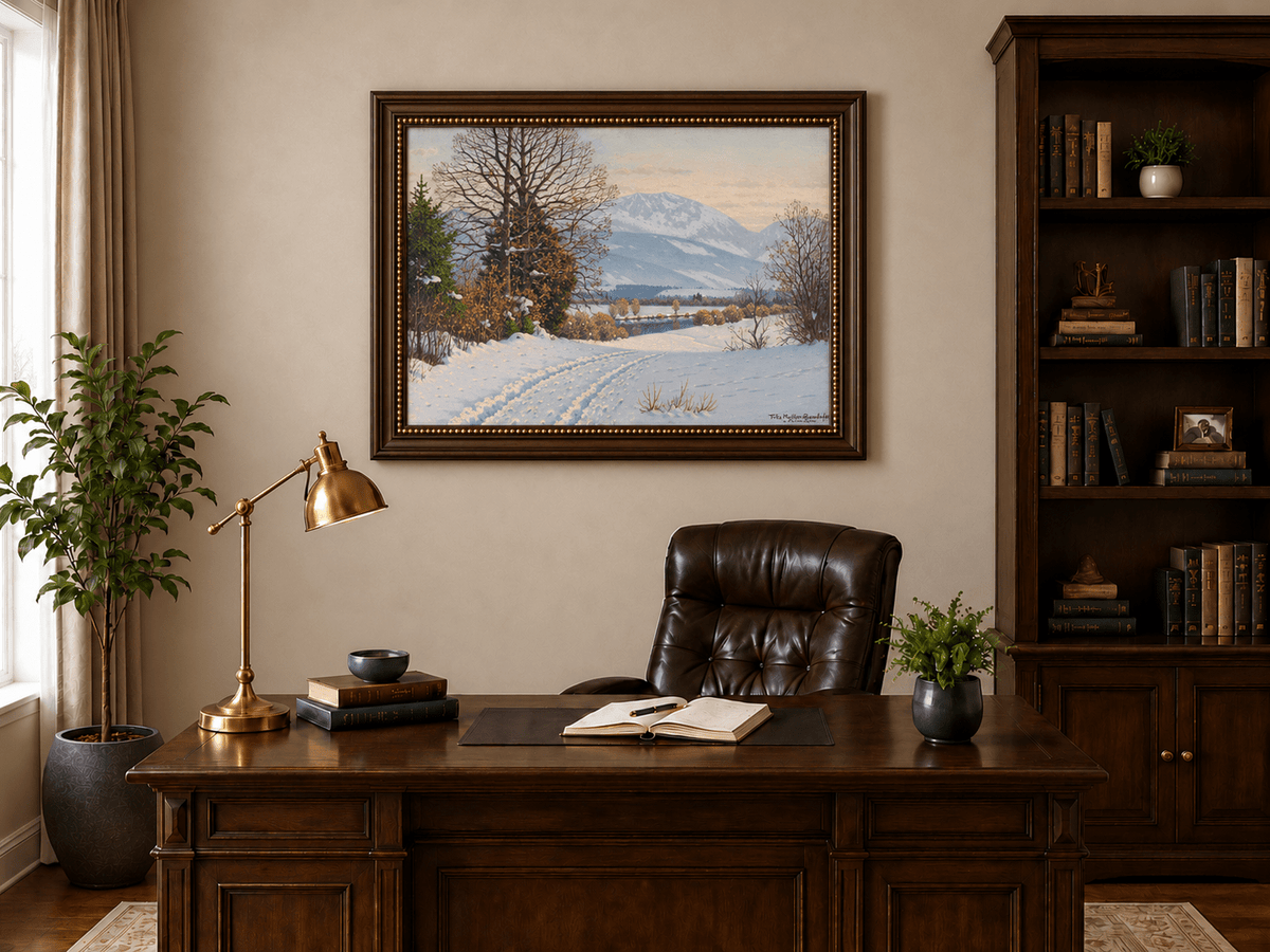 Landscape Oil Painting - Snowy Mountain Path Bare Trees at Dusk