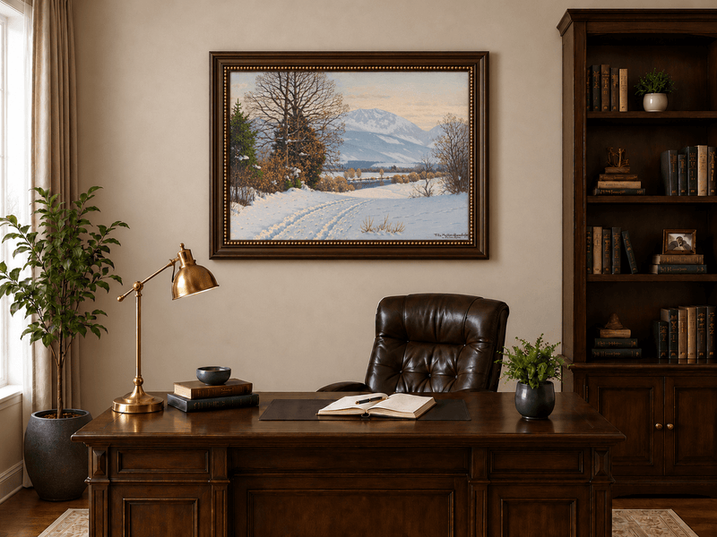 Landscape Oil Painting - Snowy Mountain Path Bare Trees at Dusk