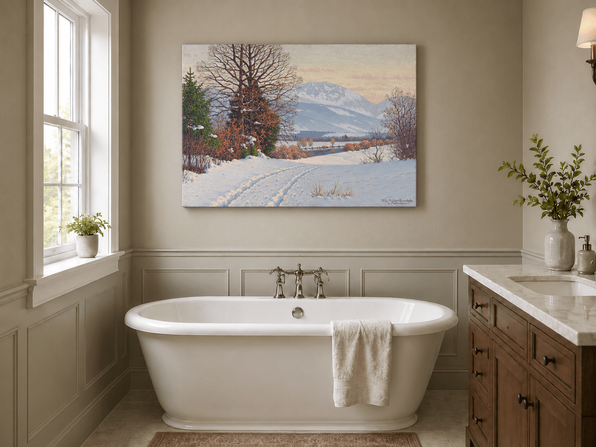 Landscape Oil Painting - Snowy Mountain Path Bare Trees at Dusk