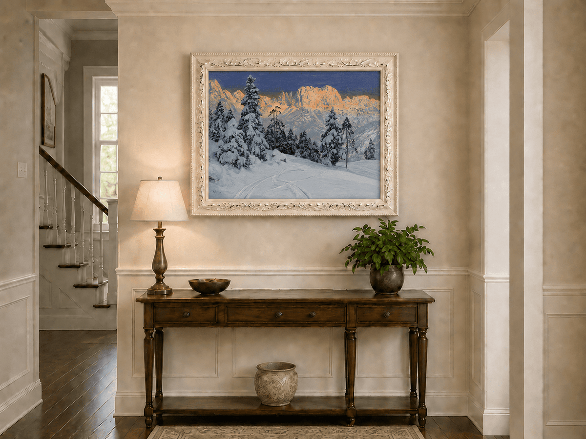 Peinture à l'huile de paysage - Montagne enneigée avec pins et empreintes de pas - Décoration murale