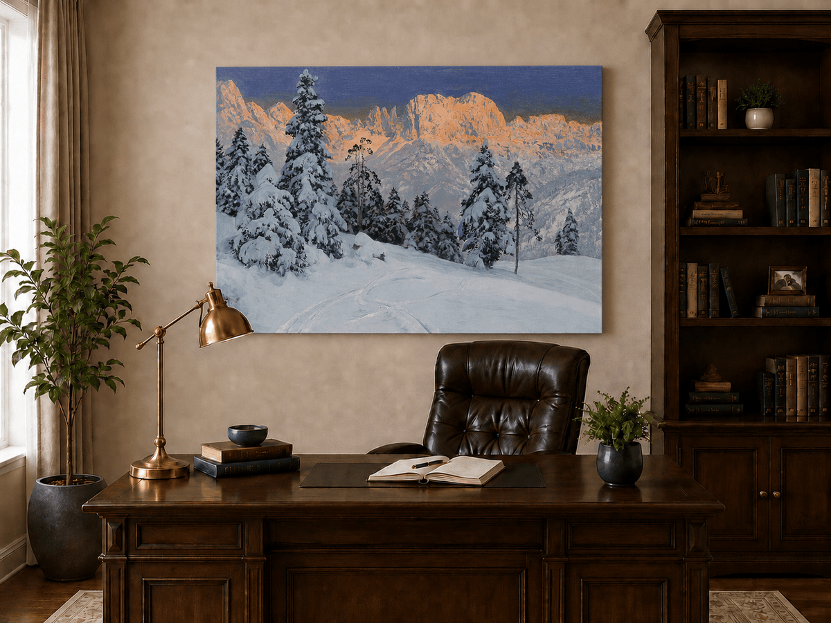 Peinture à l'huile de paysage - Montagne enneigée avec pins et empreintes de pas - Décoration murale