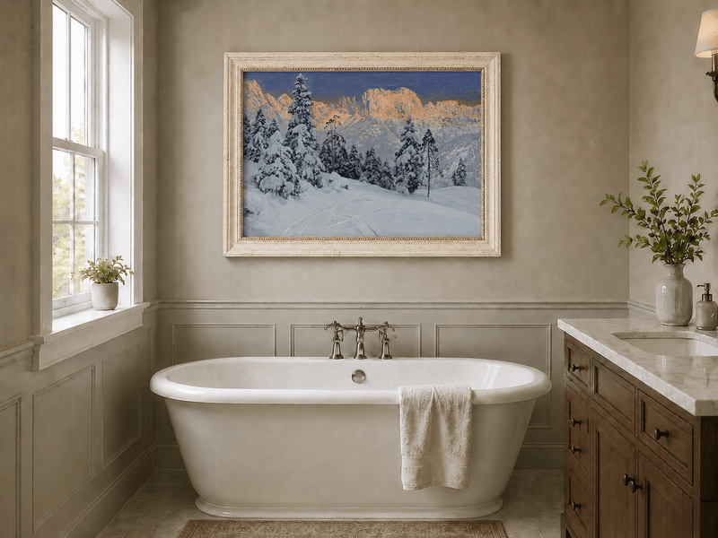 Peinture à l'huile de paysage - Montagne enneigée avec pins et empreintes de pas - Décoration murale