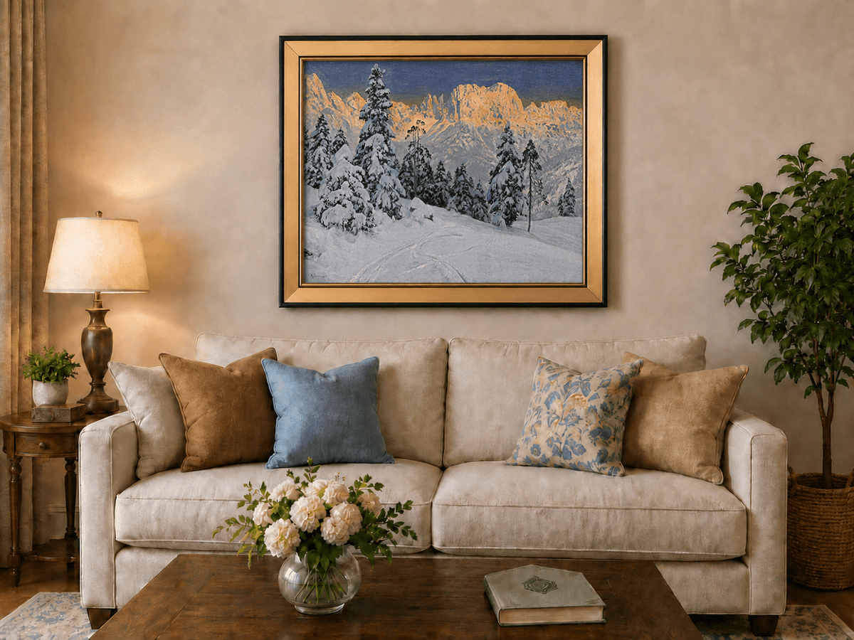 Peinture à l'huile de paysage - Montagne enneigée avec pins et empreintes de pas - Décoration murale