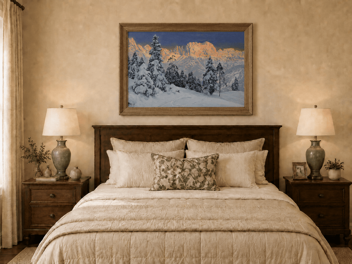 Peinture à l'huile de paysage - Montagne enneigée avec pins et empreintes de pas - Décoration murale