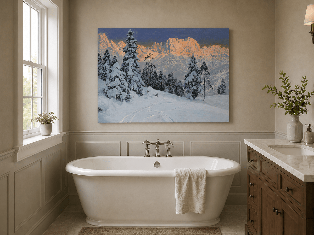 Peinture à l'huile de paysage - Montagne enneigée avec pins et empreintes de pas - Décoration murale