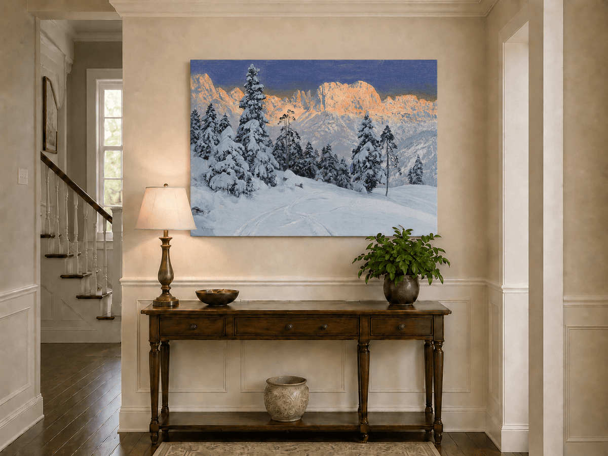 Peinture à l'huile de paysage - Montagne enneigée avec pins et empreintes de pas - Décoration murale