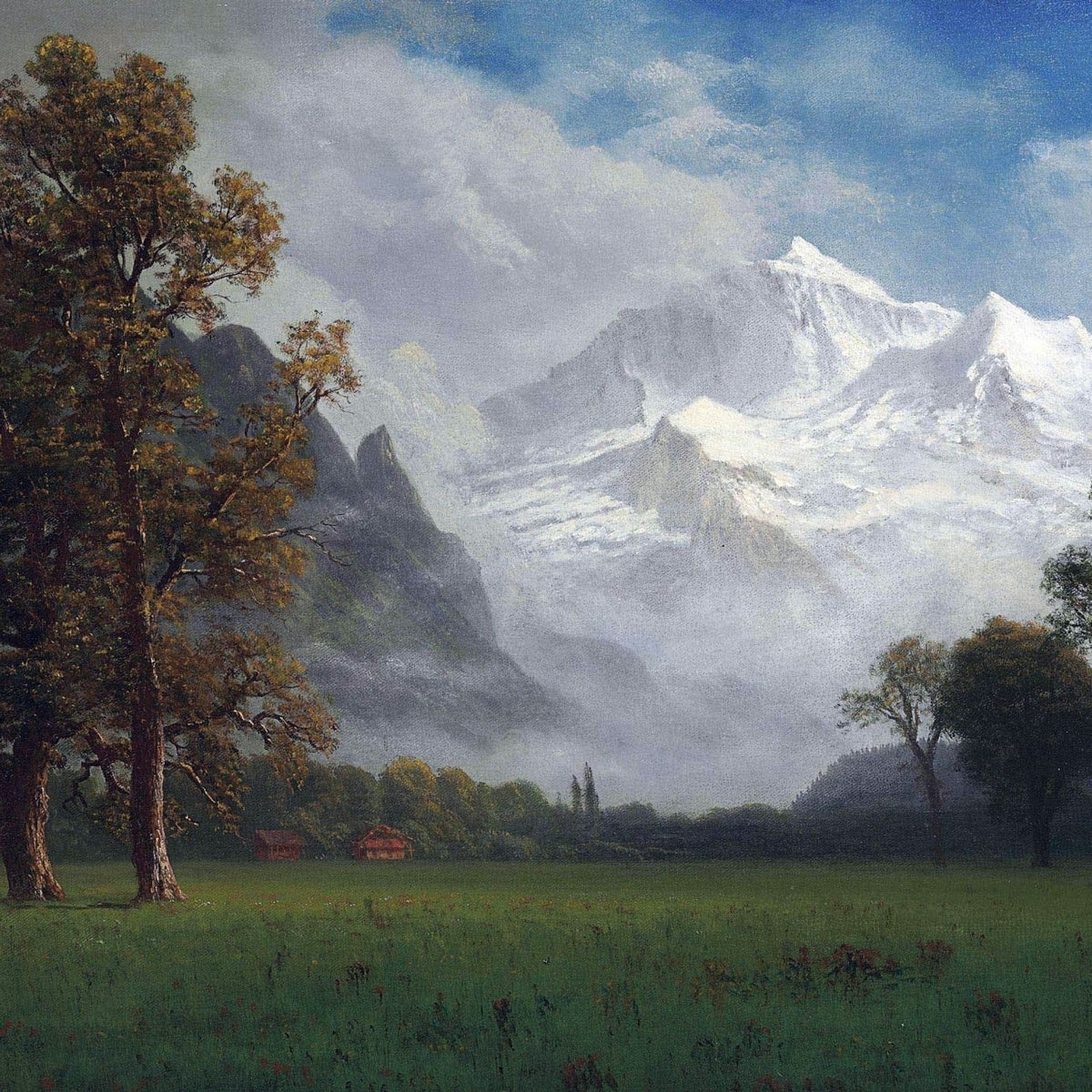 Peinture à l'huile de paysage - Scène rurale pastorale avec vaches, chèvres et chaumière