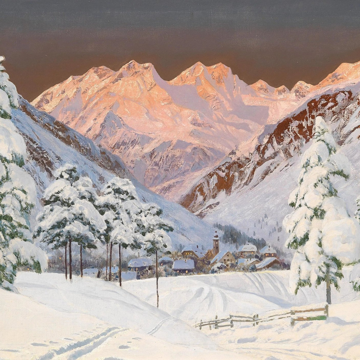 Landscape Oil Painting - Snowy Mountain Village at Sunset - Oil Painting Haven