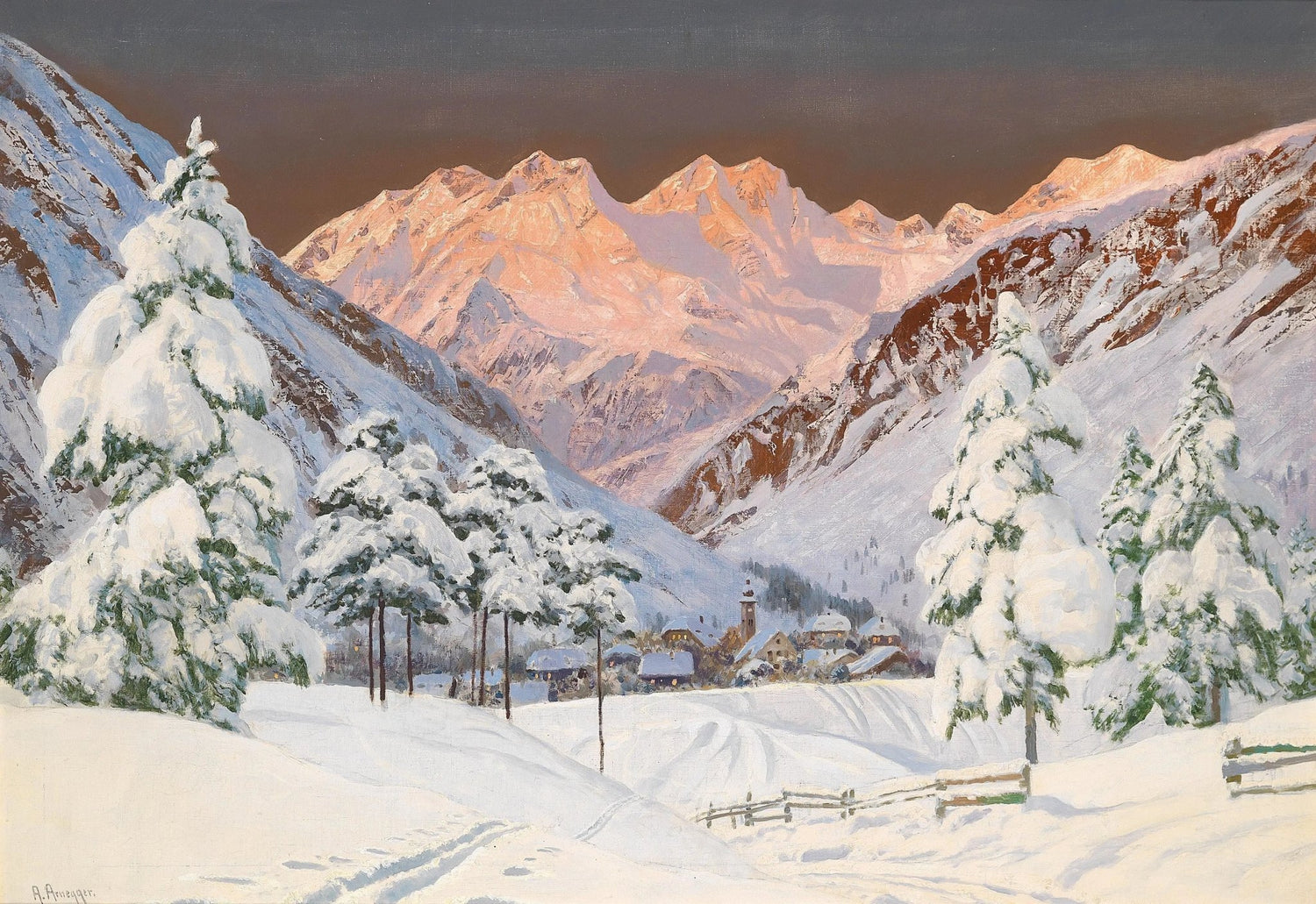 Landscape Oil Painting - Snowy Mountain Village at Sunset - Oil Painting Haven