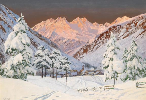 Landscape Oil Painting - Snowy Mountain Village at Sunset - Oil Painting Haven