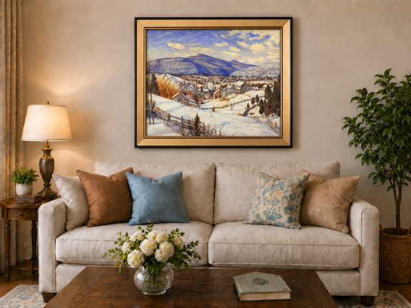 Hand-painted Snowy Mountain Village in Winter Light landscape oil painting displayed as wall art in a styled interior