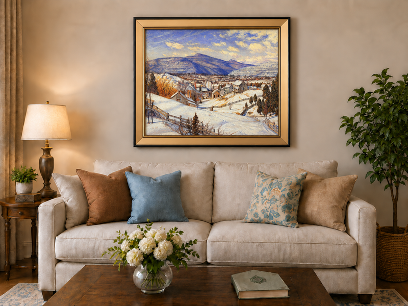 Hand-painted Snowy Mountain Village in Winter Light landscape oil painting displayed as wall art in a styled interior