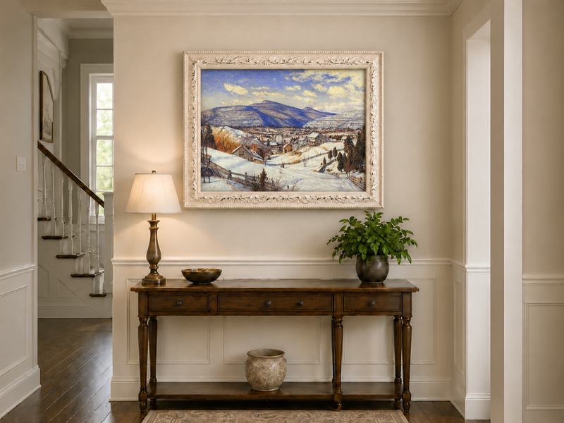 Hand-painted Snowy Mountain Village in Winter Light landscape oil painting displayed as wall art in a styled interior