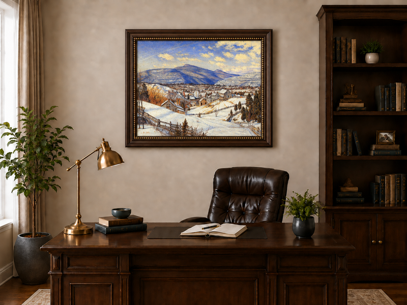 Hand-painted Snowy Mountain Village in Winter Light landscape oil painting displayed as wall art in a styled interior