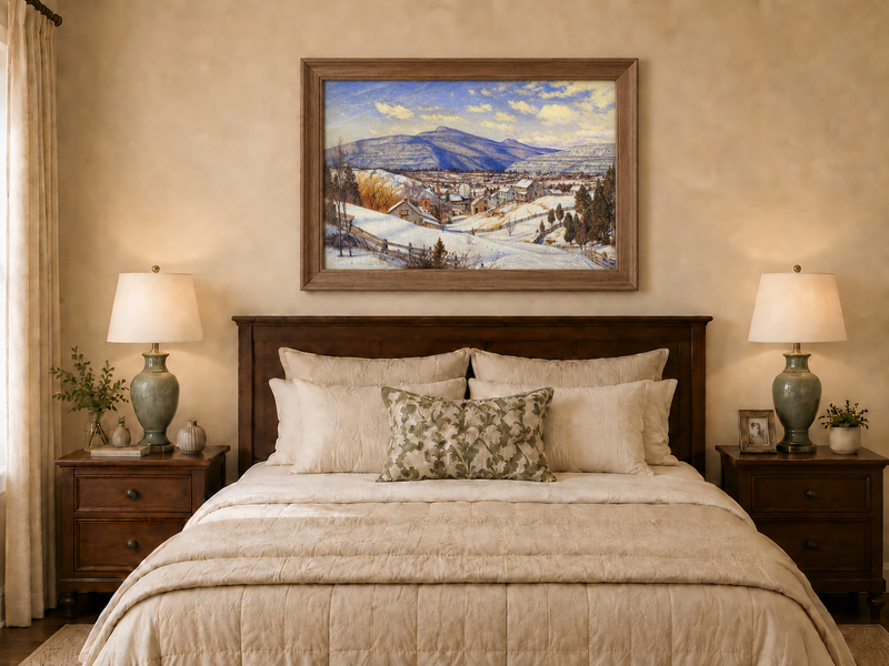 Hand-painted Snowy Mountain Village in Winter Light landscape oil painting displayed as wall art in a styled interior