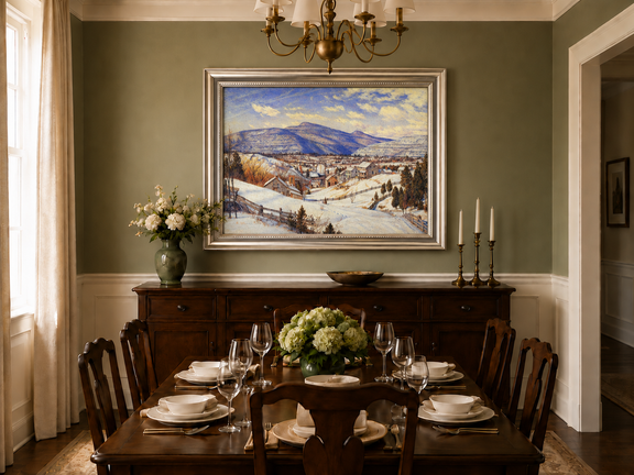 Hand-painted Snowy Mountain Village in Winter Light landscape oil painting displayed as wall art in a styled interior
