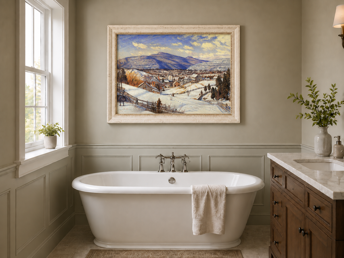 Hand-painted Snowy Mountain Village in Winter Light landscape oil painting displayed as wall art in a styled interior