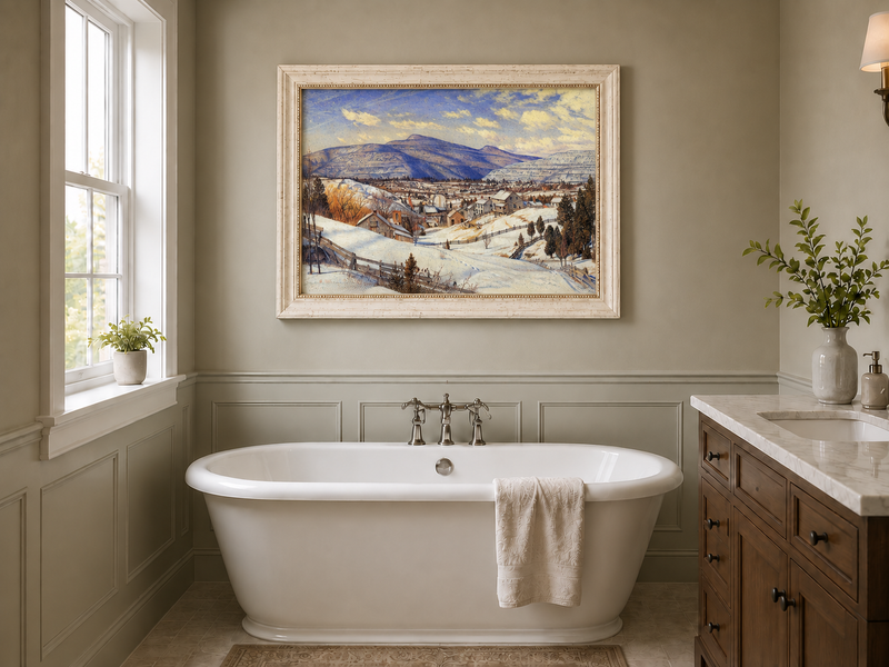 Hand-painted Snowy Mountain Village in Winter Light landscape oil painting displayed as wall art in a styled interior