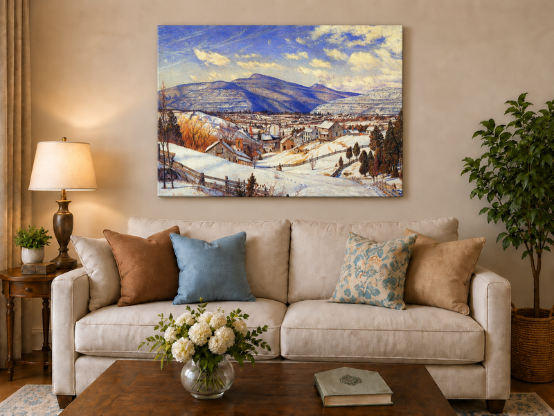 Hand-painted Snowy Mountain Village in Winter Light landscape oil painting displayed as wall art in a styled interior