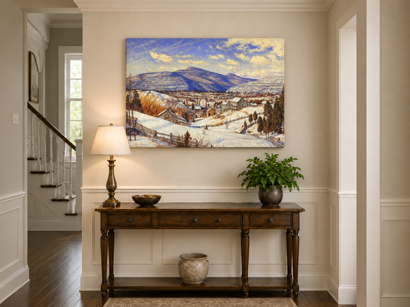 Hand-painted Snowy Mountain Village in Winter Light landscape oil painting displayed as wall art in a styled interior