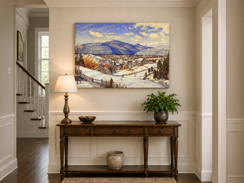 Hand-painted Snowy Mountain Village in Winter Light landscape oil painting displayed as wall art in a styled interior