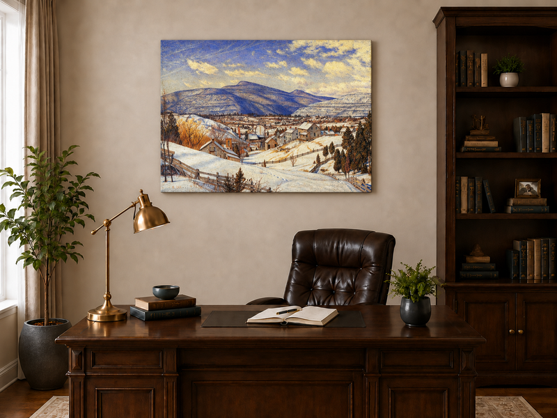 Hand-painted Snowy Mountain Village in Winter Light landscape oil painting displayed as wall art in a styled interior