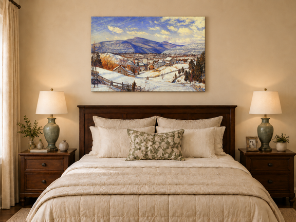 Hand-painted Snowy Mountain Village in Winter Light landscape oil painting displayed as wall art in a styled interior