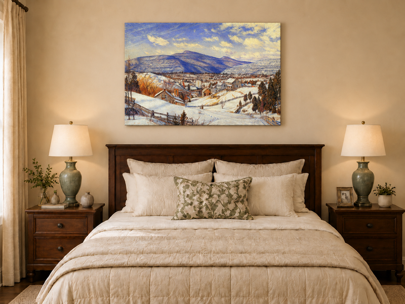 Hand-painted Snowy Mountain Village in Winter Light landscape oil painting displayed as wall art in a styled interior