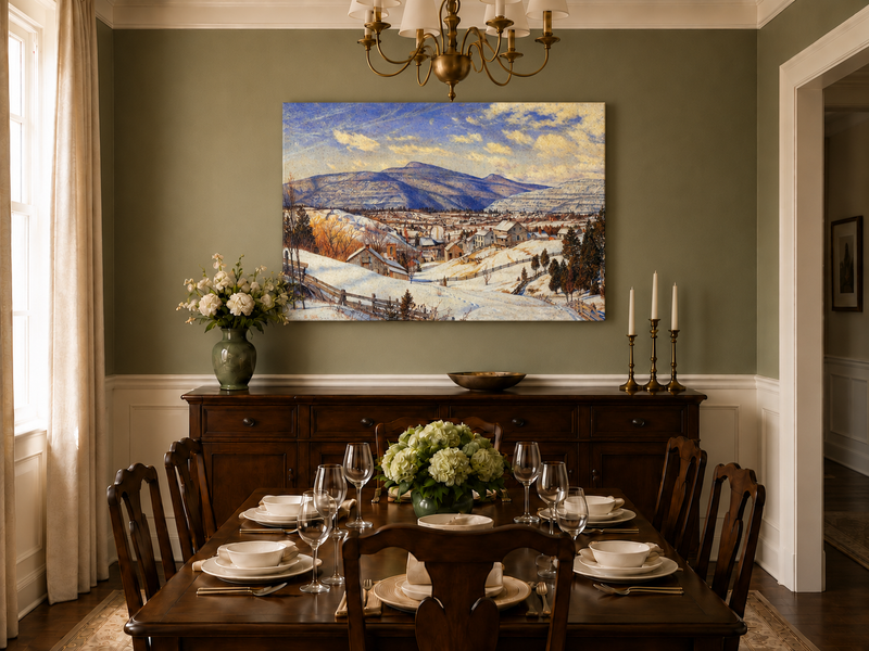 Hand-painted Snowy Mountain Village in Winter Light landscape oil painting displayed as wall art in a styled interior